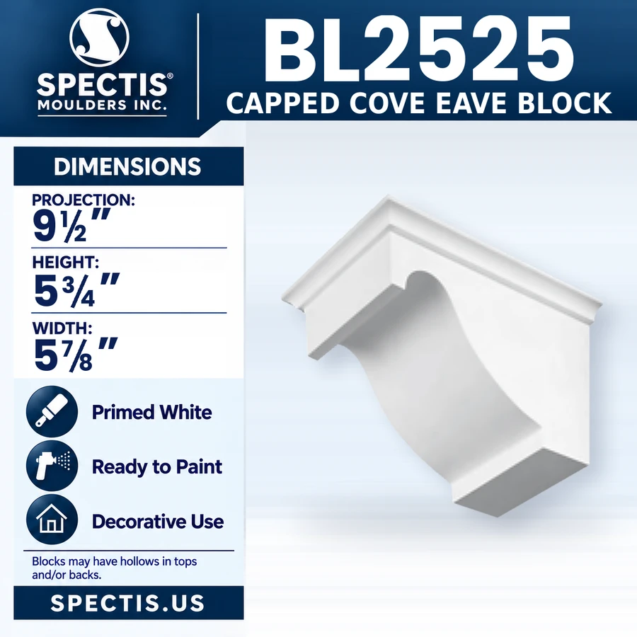 BL2525 Capped Cove Eave Block, Spectis polyurethane block, 9 1/2 in projection x 5 3/4 in high x 5 7/8 in wide