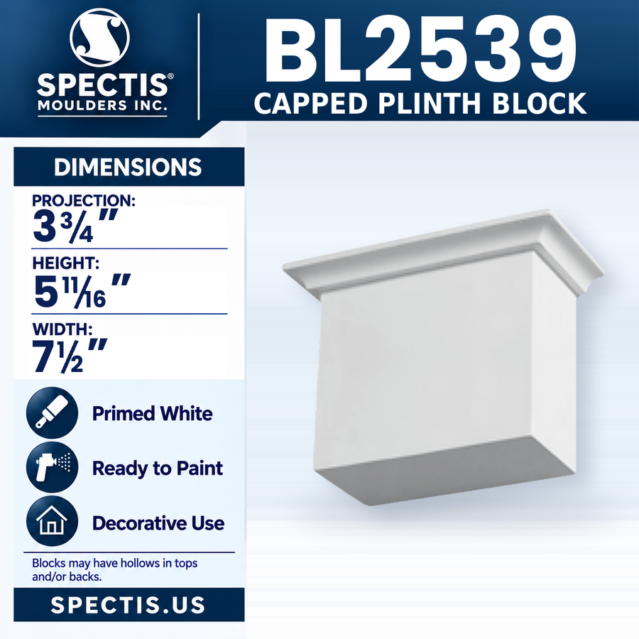 BL2539 Capped Plinth Block, Spectis polyurethane block, 3 3/4 in projection x 5 11/16 in high x 7 1/2 in wide