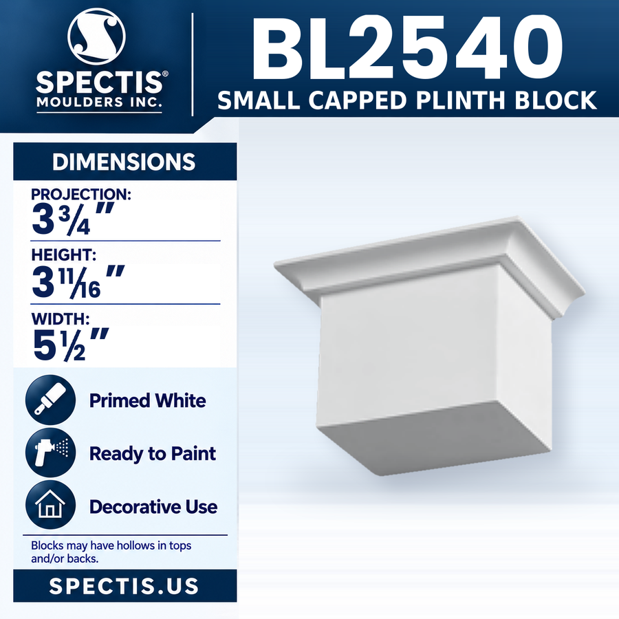 BL2540 Small Capped Plinth Block, Spectis polyurethane block, 3 3/4 in projection x 3 11/16 in high x 5 1/2 in wide