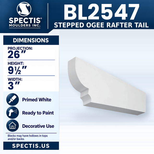 BL2547 Stepped Ogee Rafter Tail, Spectis polyurethane rafter tail, smooth, primed white, 26 in projection x 9 1/2 in high x 3 in wide