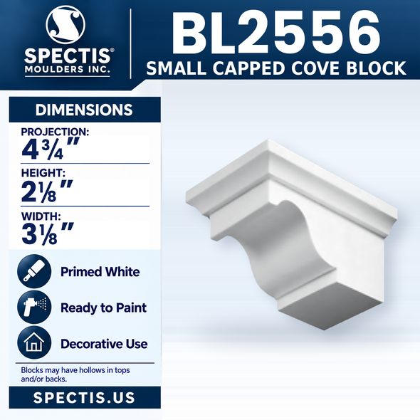 BL2556 Small Capped Cove Block, Spectis polyurethane block, 4 3/4 in projection x 2 1/8 in high x 3 1/8 in wide