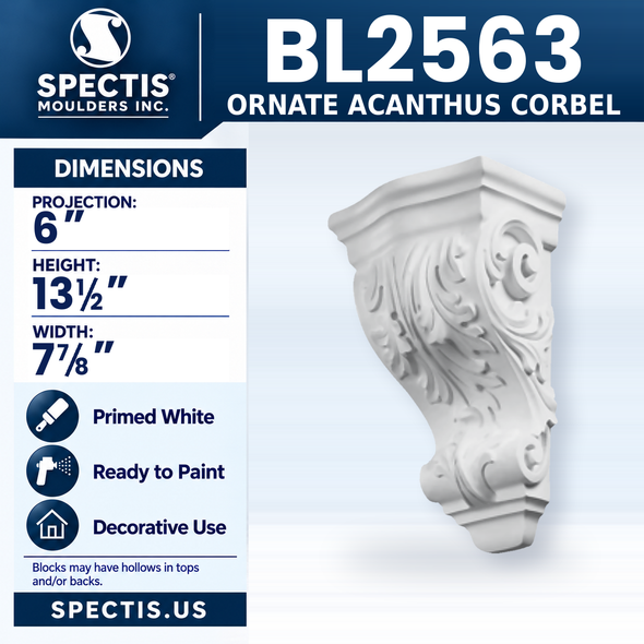 BL2563 Ornate Acanthus Corbel, Spectis polyurethane corbel, 6 in projection x 13 1/2 in high x 7 7/8 in wide