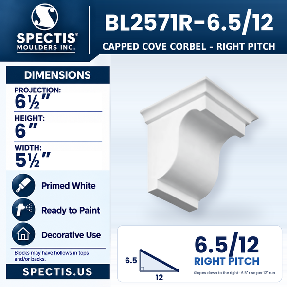 BL2571R-6.5/12 Capped Cove Corbel, right 6.5/12 pitch, Spectis polyurethane corbel, 6 1/2 in projection x 6 in high x 5 1/2 in wide
