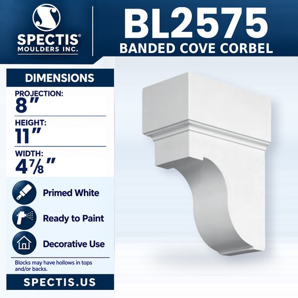 BL2575 Banded Cove Corbel, Spectis polyurethane corbel, 8 in projection x 11 in high x 4 7/8 in wide