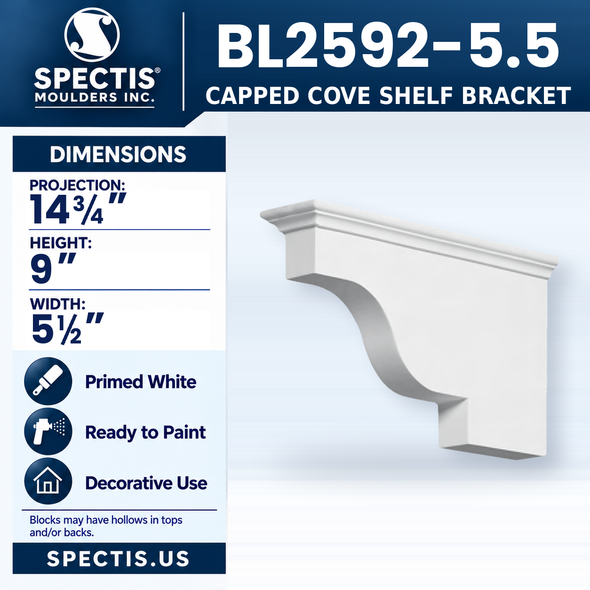 BL2592-5.5 Capped Cove Shelf Bracket, Spectis polyurethane bracket, 14 3/4 in projection x 9 in high x 5 1/2 in wide