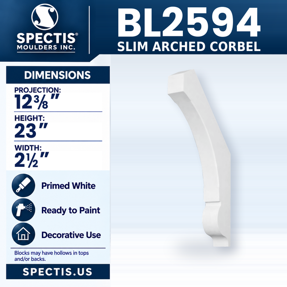BL2594 Slim Arched Corbel, Spectis polyurethane corbel, 12 3/8 in projection x 23 in high x 2 1/2 in wide