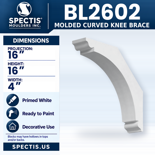 BL2602 Molded Curved Knee Brace, Spectis polyurethane knee brace, 16 in projection x 16 in high x 4 in wide