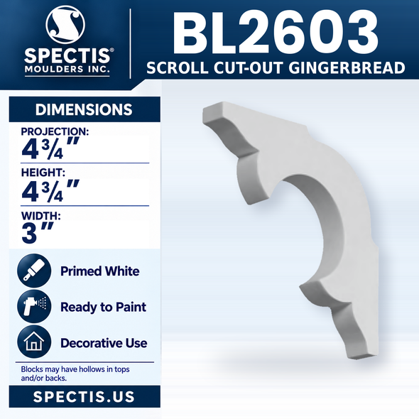 BL2603 Scroll Cut-Out Gingerbread, Spectis polyurethane block, 4 3/4 in projection x 4 3/4 in high x 3 in wide