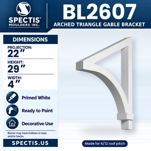BL2607 Arched Triangle Gable Bracket, Spectis polyurethane bracket, 22 in projection x 29 in high x 4 in wide