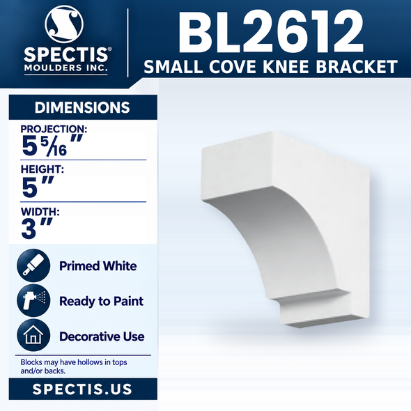 BL2612 Small Cove Knee Bracket, Spectis polyurethane bracket, 5 5/16 in projection x 5 in high x 3 in wide