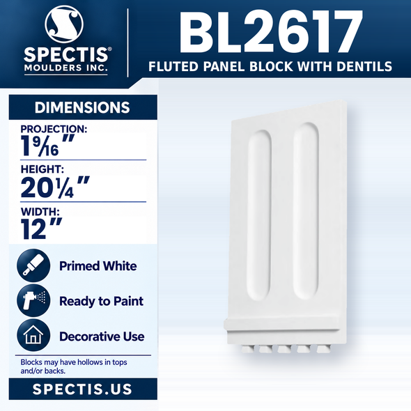 BL2617 Fluted Panel Block with Dentils, Spectis polyurethane block, 1 9/16 in projection x 20 1/4 in high x 12 in wide