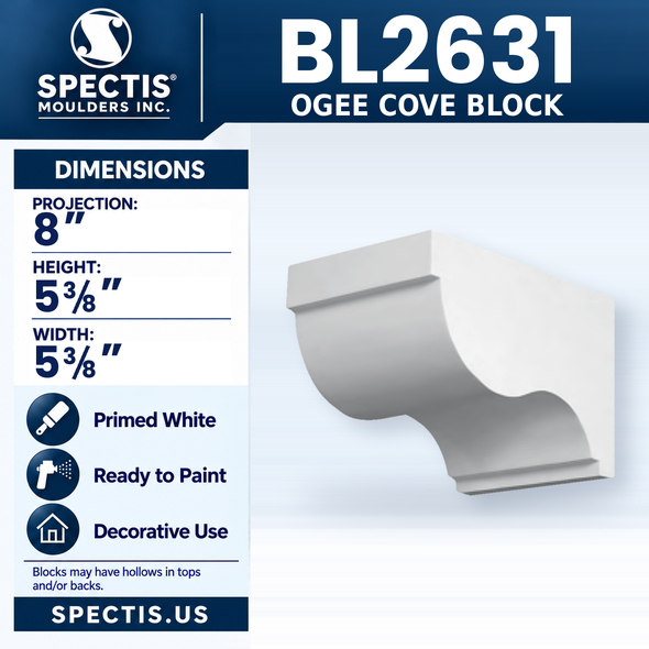 BL2631 Ogee Cove Block, Spectis polyurethane block, 8 in projection x 5 3/8 in high x 5 3/8 in wide