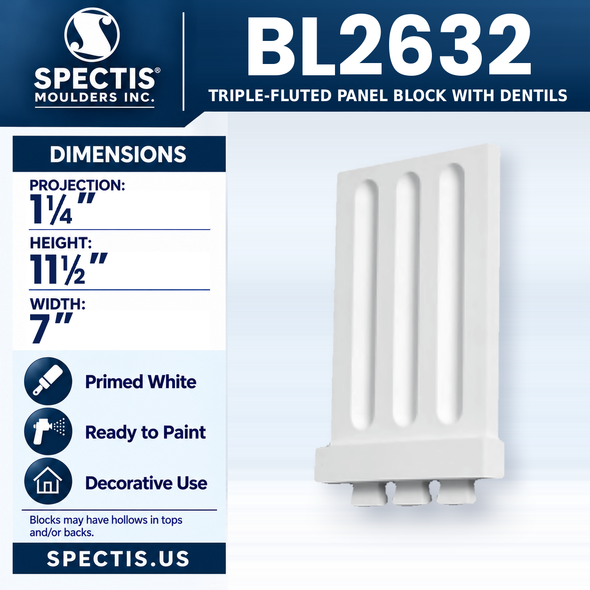 BL2632 Triple-Fluted Panel Block with Dentils, Spectis polyurethane block, 1 1/4 in projection x 11 1/2 in high x 7 in wide