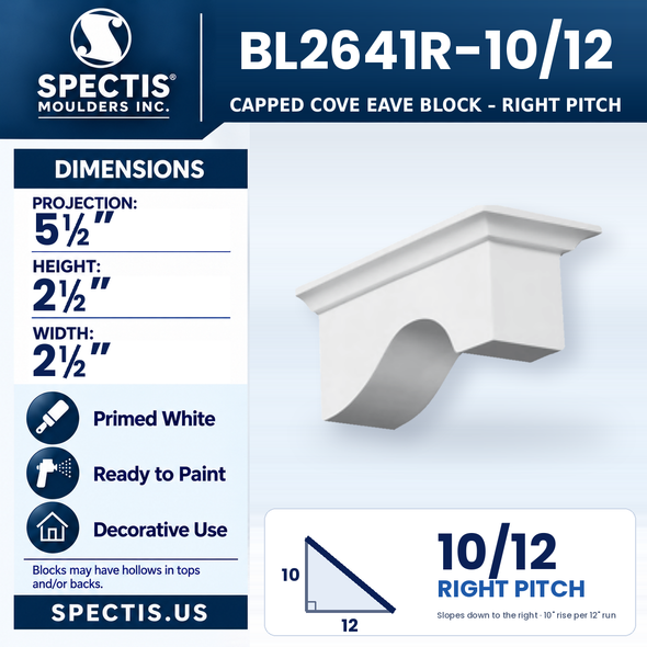 BL2641R-10/12 Capped Cove Eave Block, right 10/12 pitch, Spectis polyurethane block, 5 1/2 in projection x 2 1/2 in high x 2 1/2 in wide