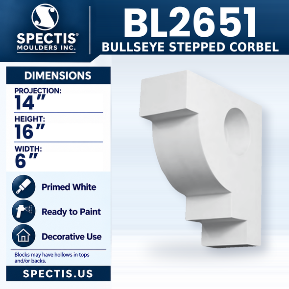 BL2651 Bullseye Stepped Corbel, Spectis polyurethane corbel, 14 in projection x 16 in high x 6 in wide