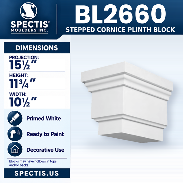 BL2660 Stepped Cornice Plinth Block, Spectis polyurethane block, 15 1/2 in projection x 11 3/4 in high x 10 1/2 in wide