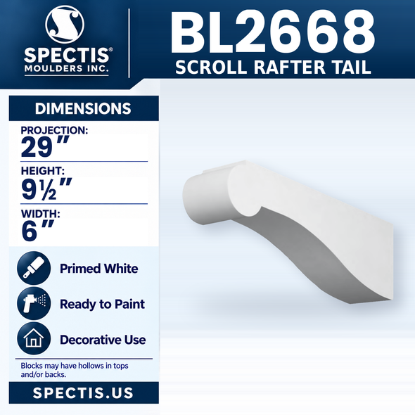 BL2668 Scroll Rafter Tail, Spectis polyurethane rafter tail, 29 in projection x 9 1/2 in high x 6 in wide
