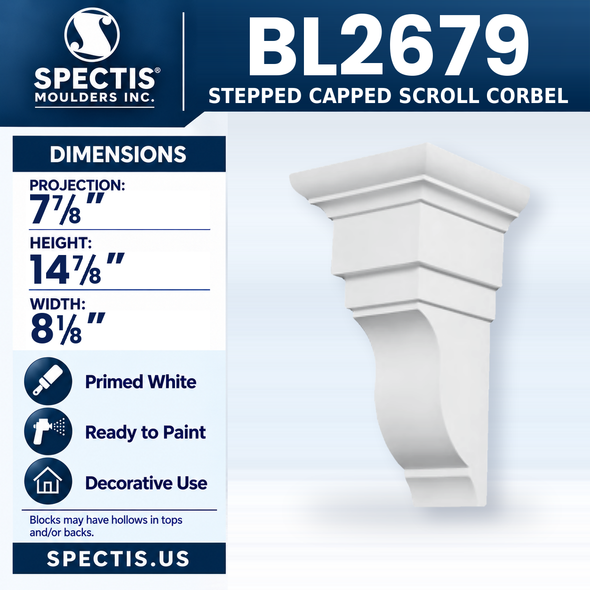 BL2679 Stepped Capped Scroll Corbel, Spectis polyurethane corbel, 7 7/8 in projection x 14 7/8 in high x 8 1/8 in wide