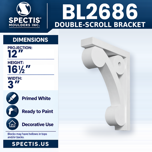 BL2686 Double-Scroll Bracket, Spectis polyurethane bracket, 12 in projection x 16 1/2 in high x 3 in wide