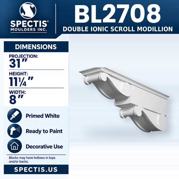 BL2708 Double Ionic Scroll Modillion, Spectis polyurethane modillion, 31 in projection x 11 1/4 in high x 8 in wide