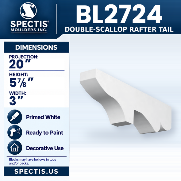 BL2724 Double-Scallop Rafter Tail, Spectis polyurethane rafter tail, 20 in projection x 5 7/8 in high x 3 in wide