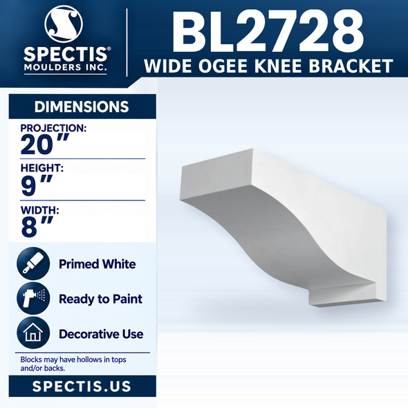 BL2728 Wide Ogee Knee Bracket, Spectis polyurethane bracket, 20 in projection x 9 in high x 8 in wide