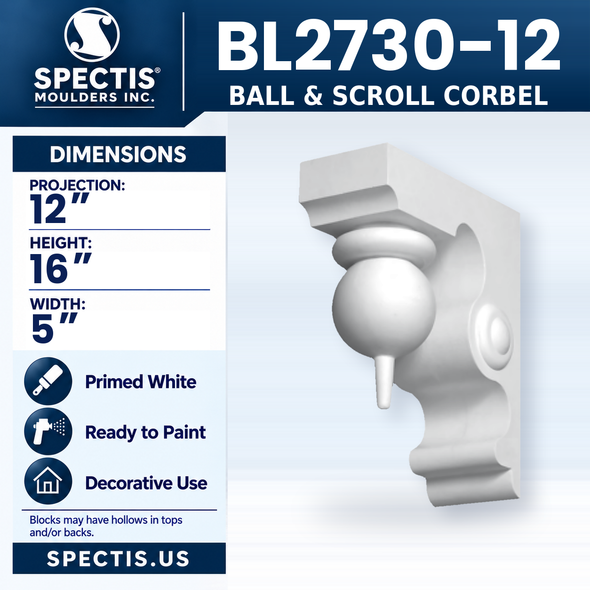BL2730-12 Ball & Scroll Corbel, Spectis polyurethane corbel, 12 in projection x 16 in high x 5 in wide