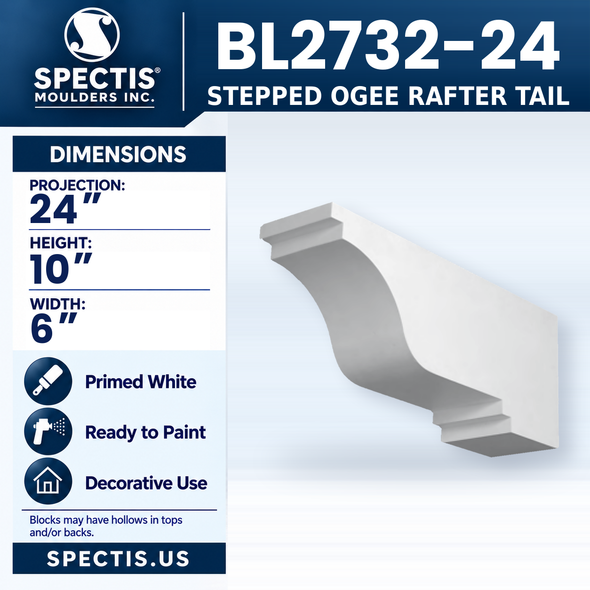 BL2732-24 Stepped Ogee Rafter Tail, Spectis polyurethane rafter tail, 24 in projection x 10 in high x 6 in wide