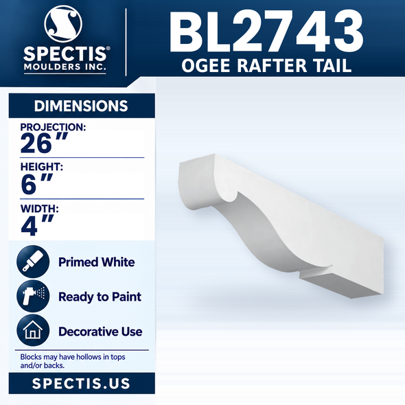 BL2743 Ogee Rafter Tail, Spectis polyurethane rafter tail, 26 in projection x 6 in high x 4 in wide