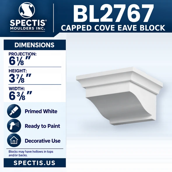 BL2767 Capped Cove Eave Block, Spectis polyurethane block, 6 1/8 in projection x 3 7/8 in high x 6 3/8 in wide