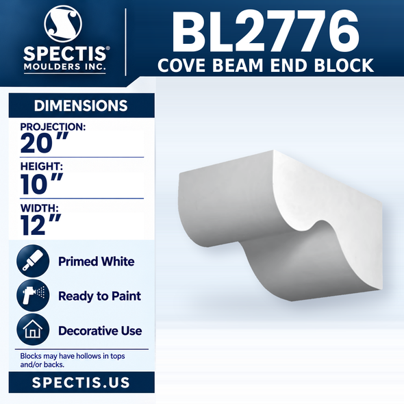 BL2776 Cove Beam End Block, Spectis polyurethane block, 20 in projection x 10 in high x 12 in wide