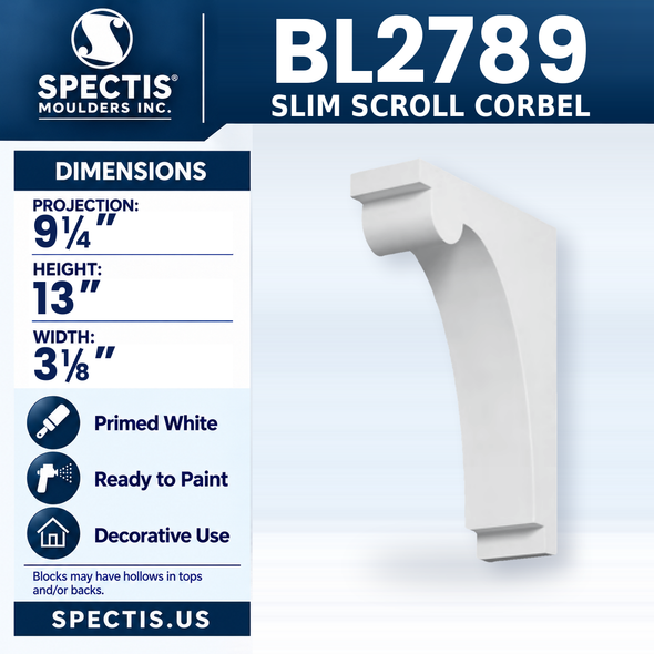 BL2789 Slim Scroll Corbel, Spectis polyurethane corbel, 9 1/4 in projection x 13 in high x 3 1/8 in wide