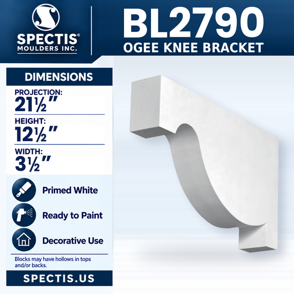 BL2790 Ogee Knee Bracket, Spectis polyurethane bracket, 21 1/2 in projection x 12 1/2 in high x 3 1/2 in wide