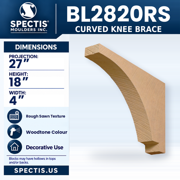 BL2820RS Curved Knee Brace, Spectis polyurethane knee brace with rough sawn texture in woodtone colour, 27 in projection x 18 in high x 4 in wide