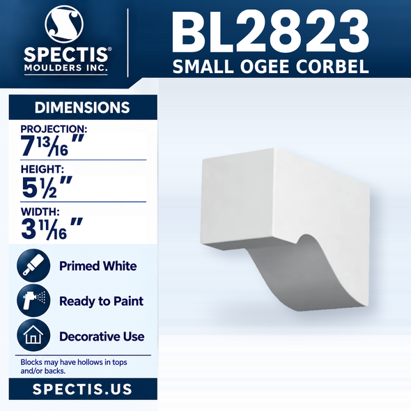 BL2823 Small Ogee Corbel, Spectis polyurethane corbel, 7 13/16 in projection x 5 1/2 in high x 3 11/16 in wide