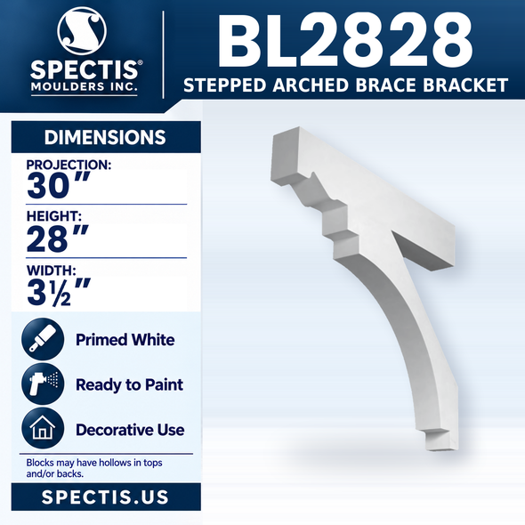 BL2828 Stepped Arched Brace Bracket, Spectis polyurethane bracket, 30 in projection x 28 in high x 3 1/2 in wide
