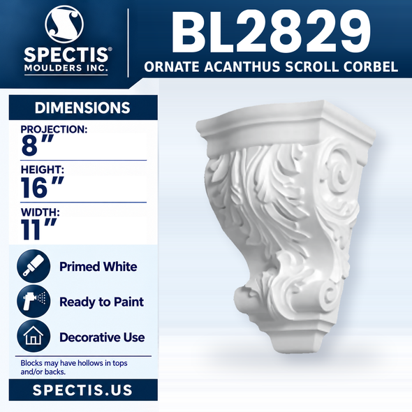 BL2829 Ornate Acanthus Scroll Corbel, Spectis polyurethane corbel, 8 in projection x 16 in high x 11 in wide