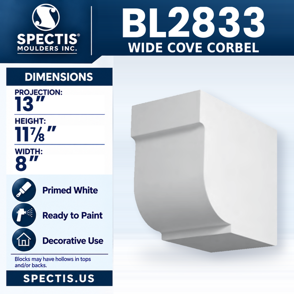 BL2833 Wide Cove Corbel, Spectis polyurethane corbel, 13 in projection x 11 7/8 in high x 8 in wide