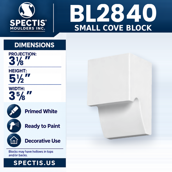 BL2840 Small Cove Block, Spectis polyurethane block, 3 1/8 in projection x 5 1/2 in high x 3 5/8 in wide