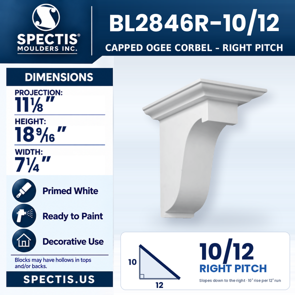 BL2846R-10/12 Capped Ogee Corbel, right 10/12 pitch, Spectis polyurethane corbel, 11 1/8 in projection x 18 9/16 in high x 7 1/4 in wide