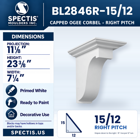 BL2846R-15/12 Capped Ogee Corbel, right 15/12 pitch, Spectis polyurethane corbel, 11 1/8 in projection x 23 3/8 in high x 7 1/4 in wide