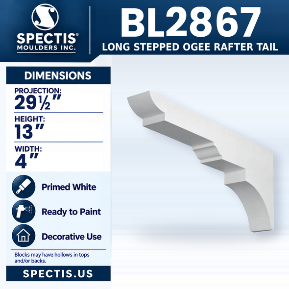 BL2867 Long Stepped Ogee Rafter Tail, Spectis polyurethane rafter tail, 29 1/2 in projection x 13 in high x 4 in wide