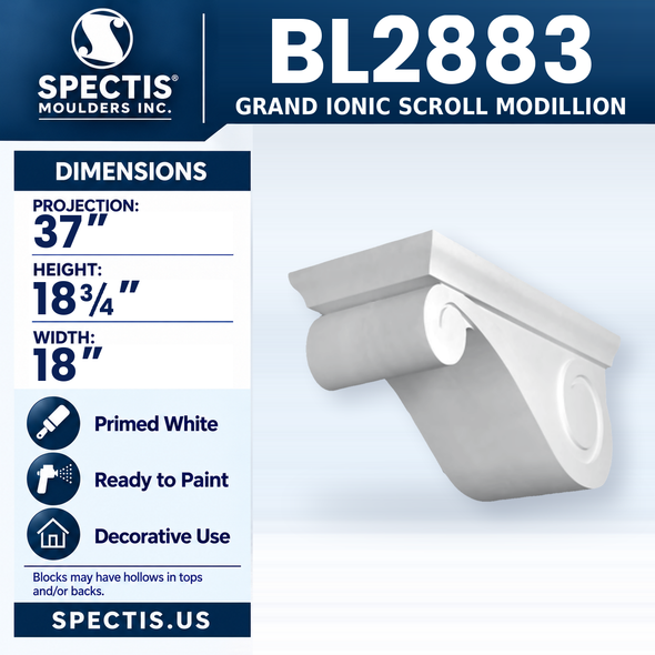 BL2883 Grand Ionic Scroll Modillion, Spectis polyurethane modillion, 37 in projection x 18 3/4 in high x 18 in wide