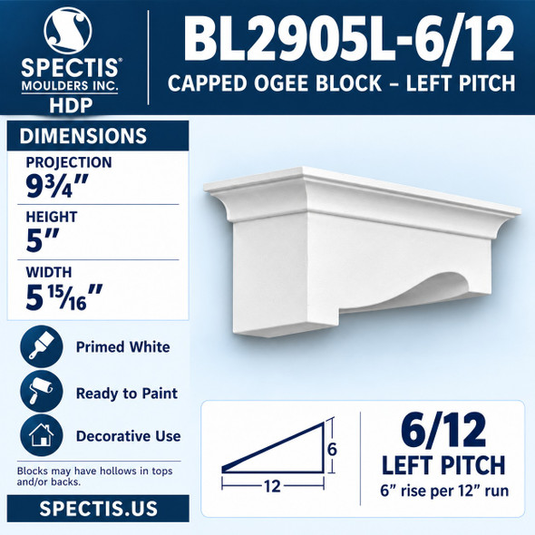BL2905L-6/12 Capped Ogee Block – Left Pitch 5.9375"W x 5"H x 9.75"P
