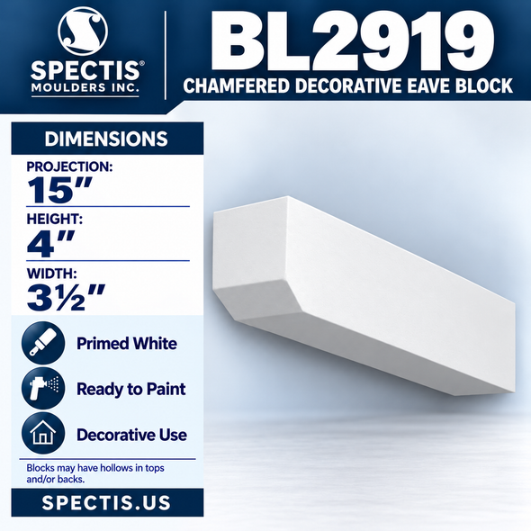 BL2919 Chamfered Decorative Eave Block 3.5"W x 4"H x 15"P