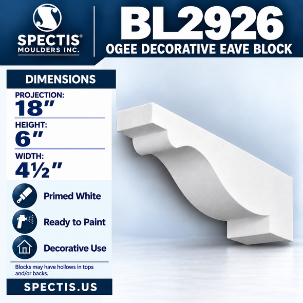 BL2926 Ogee Decorative Eave Block 4.5"W x 6"H x 18"P