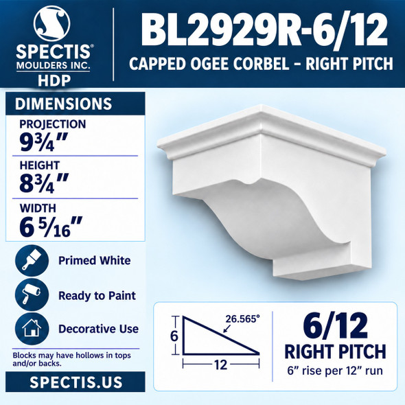 BL2929R-6/12 Capped Ogee Corbel – Right Pitch 6.3125"W x 8.75"H x 9.75"P