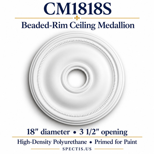 CM1818S beaded-rim ceiling medallion, white primed HDP; 18″ diameter; 3½″ center opening.