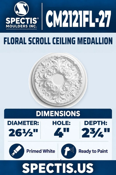 Spectis CM2121FL-27 floral scroll ceiling medallion, 26 1/2 inch with 4 inch center hole, 2 3/4 inch depth, primed polyurethane