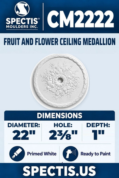 Spectis CM2222 fruit and flower ceiling medallion, 22 inch with 2 3/8 inch center hole, 1 inch depth, primed polyurethane